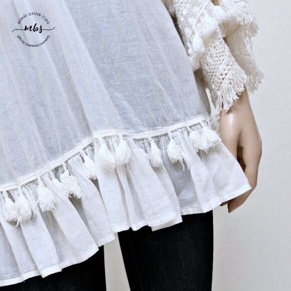 Lara Ethnics Boho Crochet Short Fringe Square Neck Blouse - Picture 8 of 11